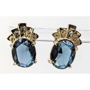 Vintage Blue Glass Stud Earrings Clear Rhinestone Crown Gold Tone Pierced 15mm